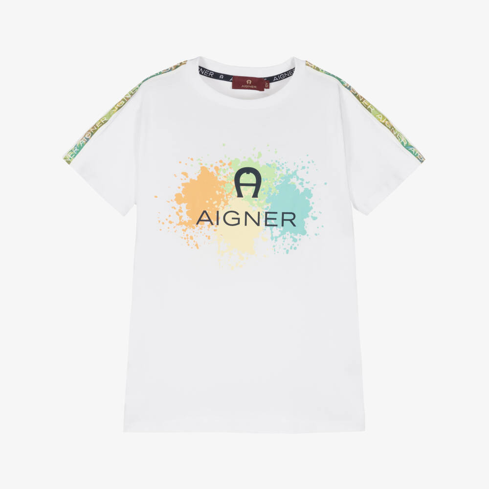AIGNER-Boys White Paint Logo T-Shirt | Childrensalon Outlet