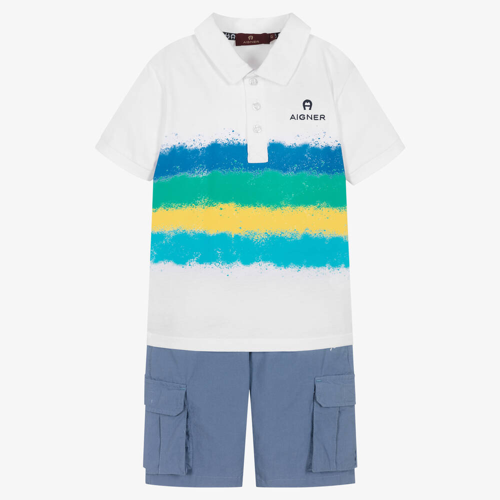 AIGNER - Белая рубашка поло и синие шорты  | Childrensalon