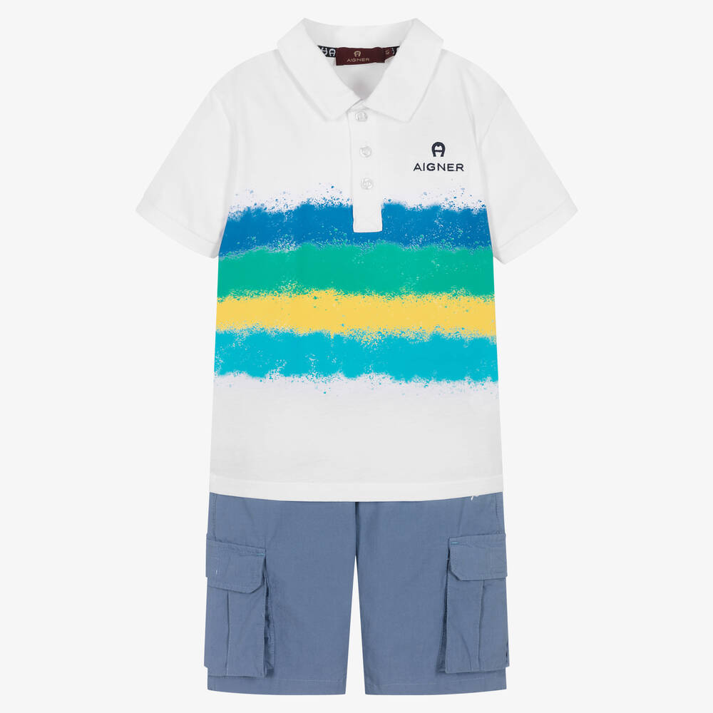 AIGNER - Ensemble polo blanc et short bleu  | Childrensalon