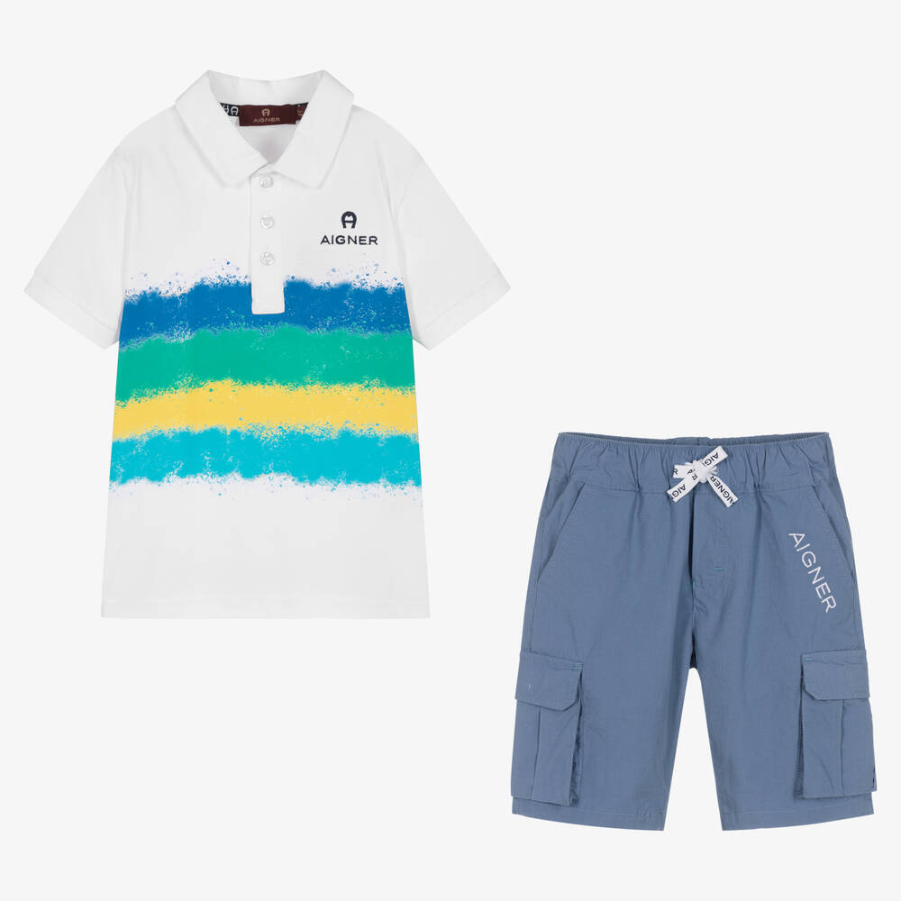 AIGNER-Белая рубашка поло и синие шорты | Childrensalon Outlet