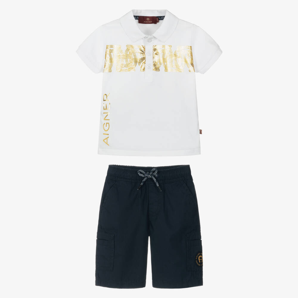 AIGNER-Boys White Polo Shirt & Navy Blue Cotton Shorts Set | Childrensalon Outlet