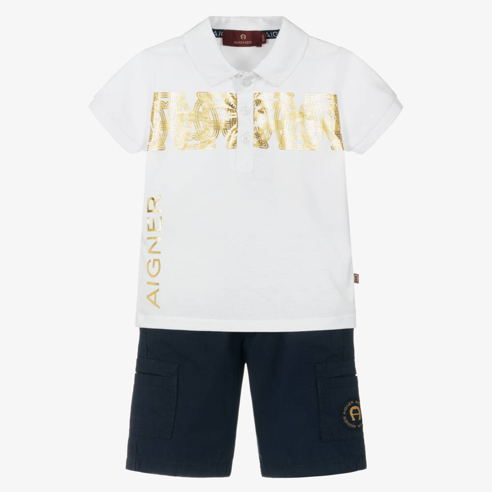 AIGNER-Boys White Polo Shirt & Navy Blue Cotton Shorts Set | Childrensalon Outlet