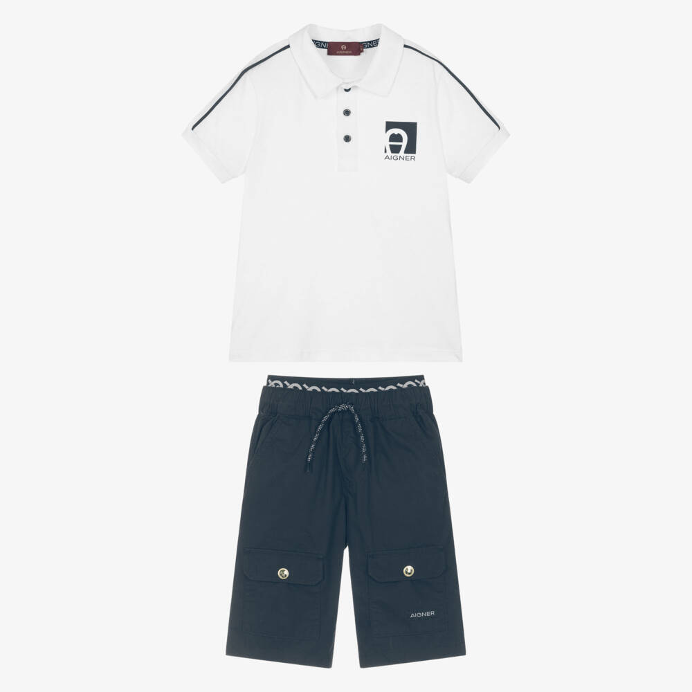 AIGNER-Boys White Polo Shirt & Navy Blue Shorts Set | Childrensalon Outlet