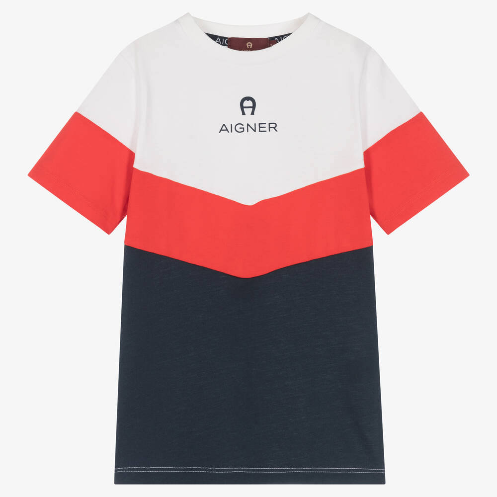 AIGNER - Boys White, Red & Blue Cotton T-Shirt | Childrensalon