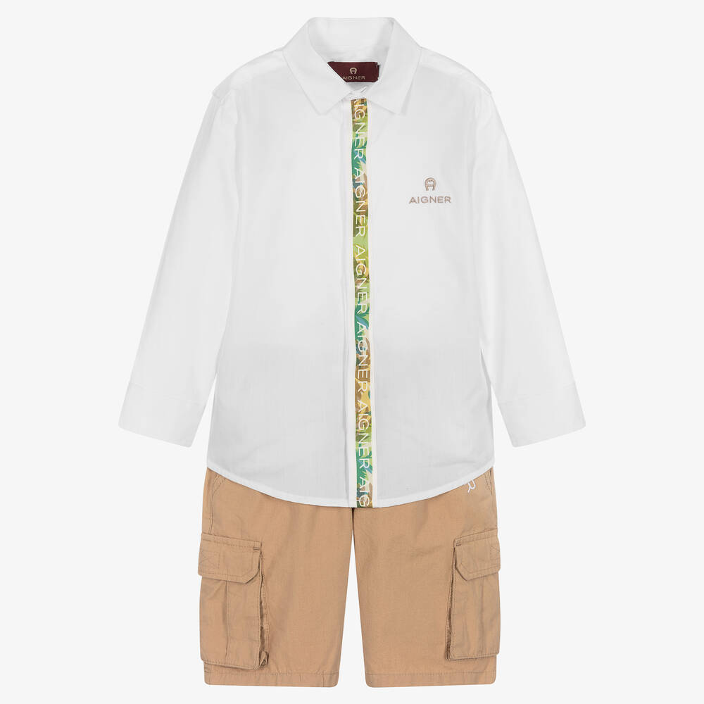 AIGNER - Hemd & Shorts Set in Weiß und Beige | Childrensalon