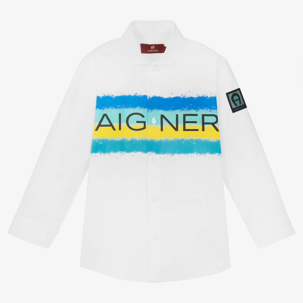 AIGNER - قميص قطن بوبلين لون أبيض للأولاد | Childrensalon