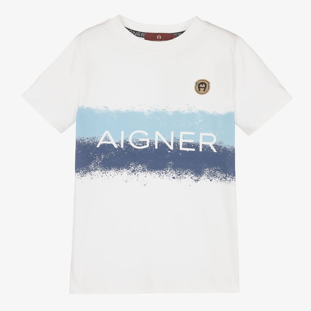 AIGNER - Boys White Striped Logo T-Shirt | Childrensalon