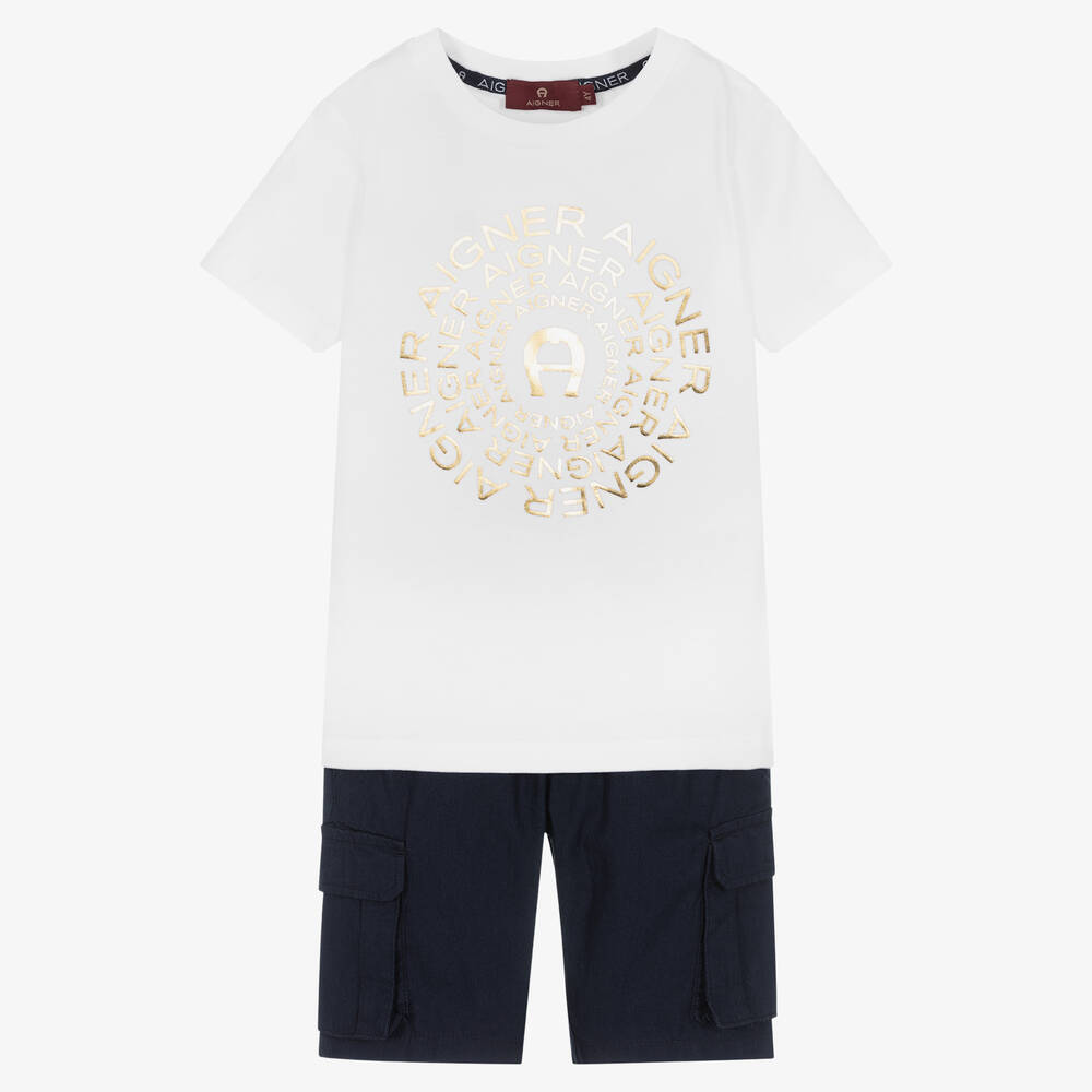 AIGNER-طقم شورت وتيشيرت قطن لون أبيض وكحلي للأولاد | Childrensalon Outlet