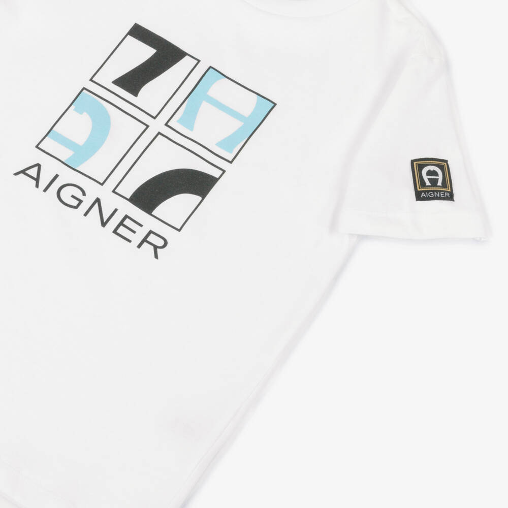 AIGNER-Boys White T-Shirt with Black & Blue Graphic Logo | Childrensalon Outlet