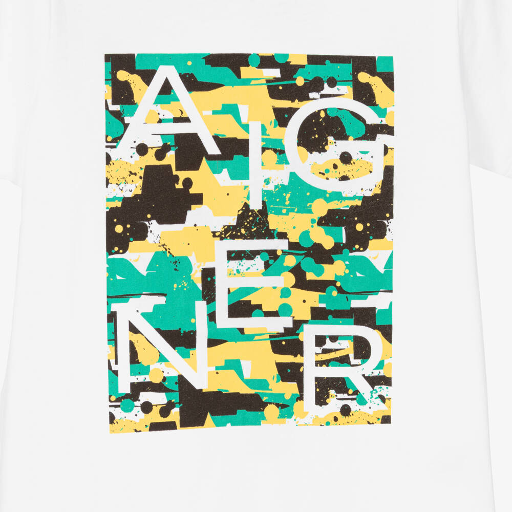 AIGNER-Boys White T-Shirt with Green & Yellow Logo Graphic | Childrensalon Outlet