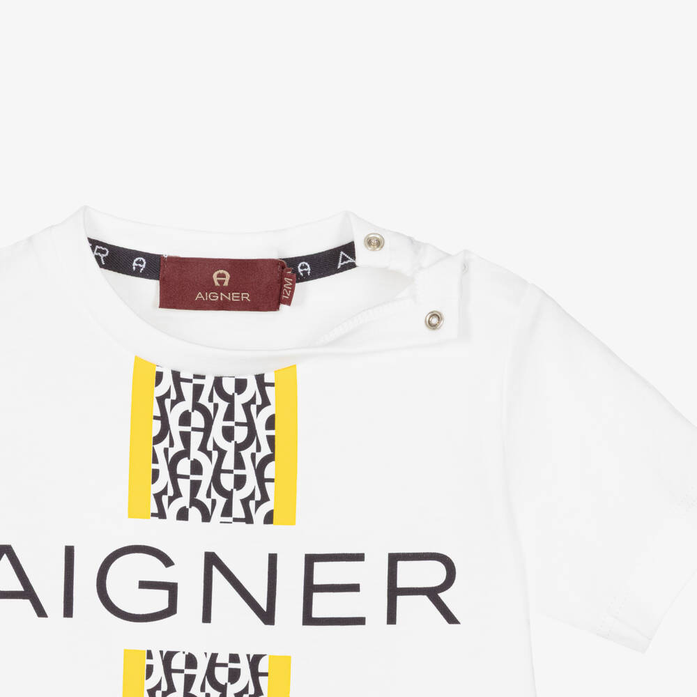 AIGNER-Boys White T-Shirt with Yellow & Black Logo Graphic | Childrensalon Outlet