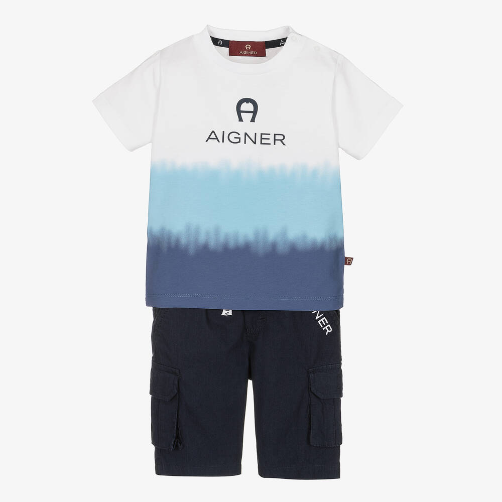 AIGNER - Белая футболка с эффектом тай-дай и синие шорты | Childrensalon