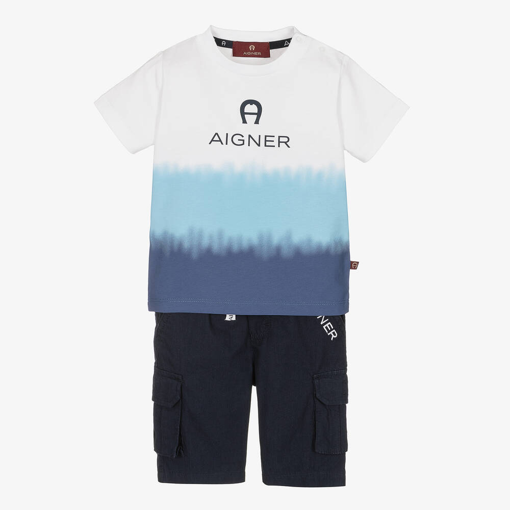 AIGNER-Белая футболка с эффектом тай-дай и синие шорты | Childrensalon Outlet