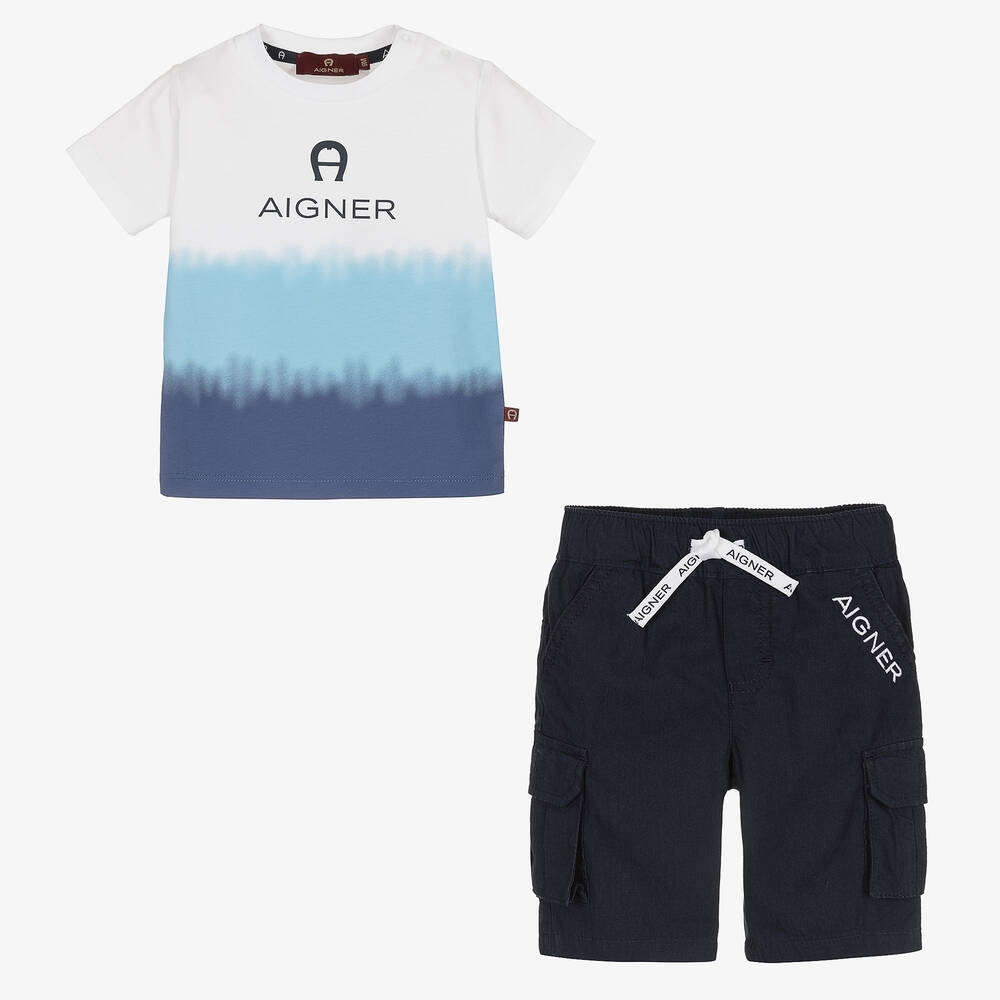 AIGNER-Белая футболка с эффектом тай-дай и синие шорты | Childrensalon Outlet