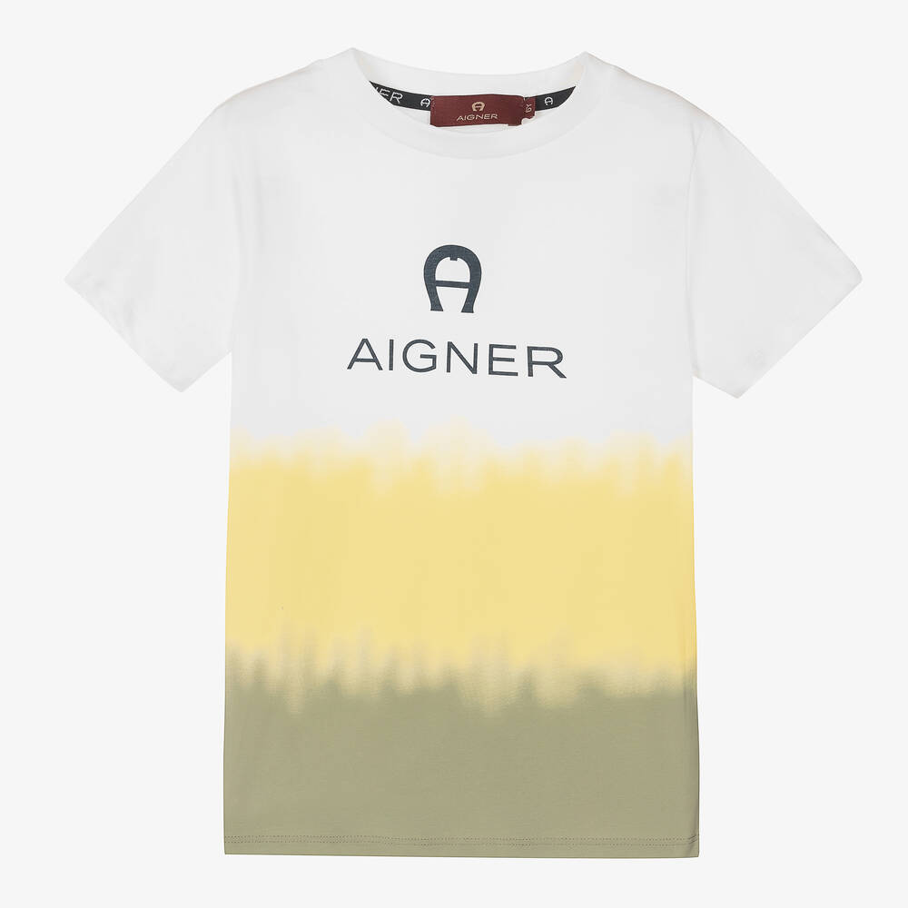 AIGNER - Boys White & Yellow Logo T-Shirt | Childrensalon