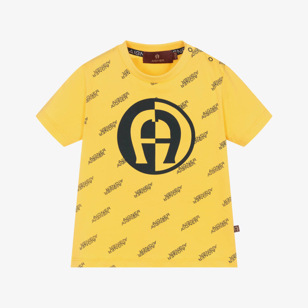 AIGNER-Boys Yellow Cotton T-Shirt with Logos | Childrensalon Outlet