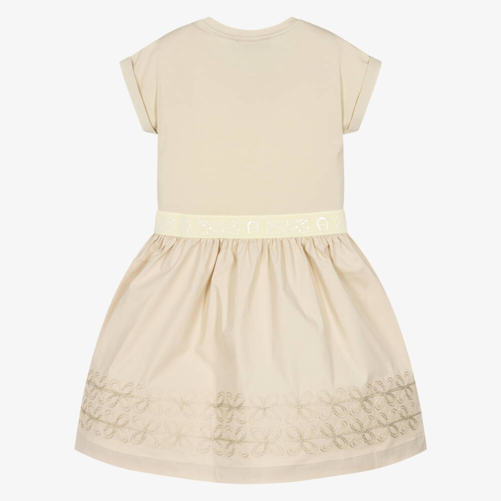 AIGNER-Girls Beige Cotton Dress with Floral Embroidery | Childrensalon Outlet
