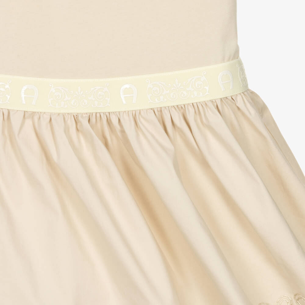 AIGNER-Girls Beige Cotton Dress with Floral Embroidery | Childrensalon Outlet