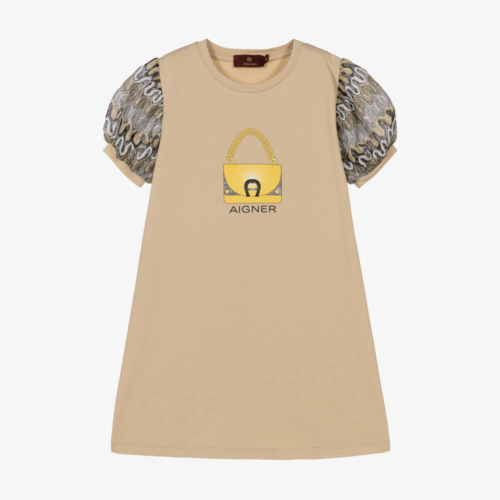 AIGNER - فستان قطن جيرسي لون بيج | Childrensalon