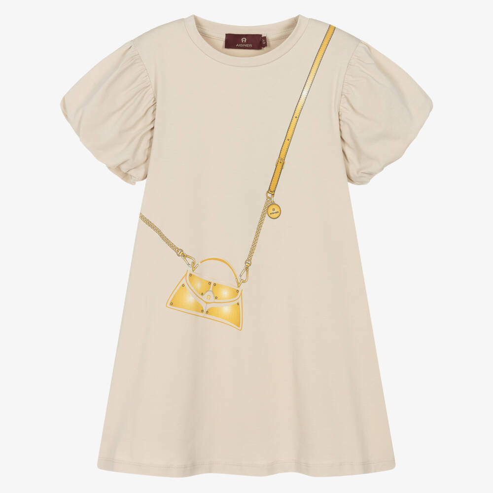 AIGNER-Girls Beige Cotton Jersey Handbag Print Dress | Childrensalon Outlet