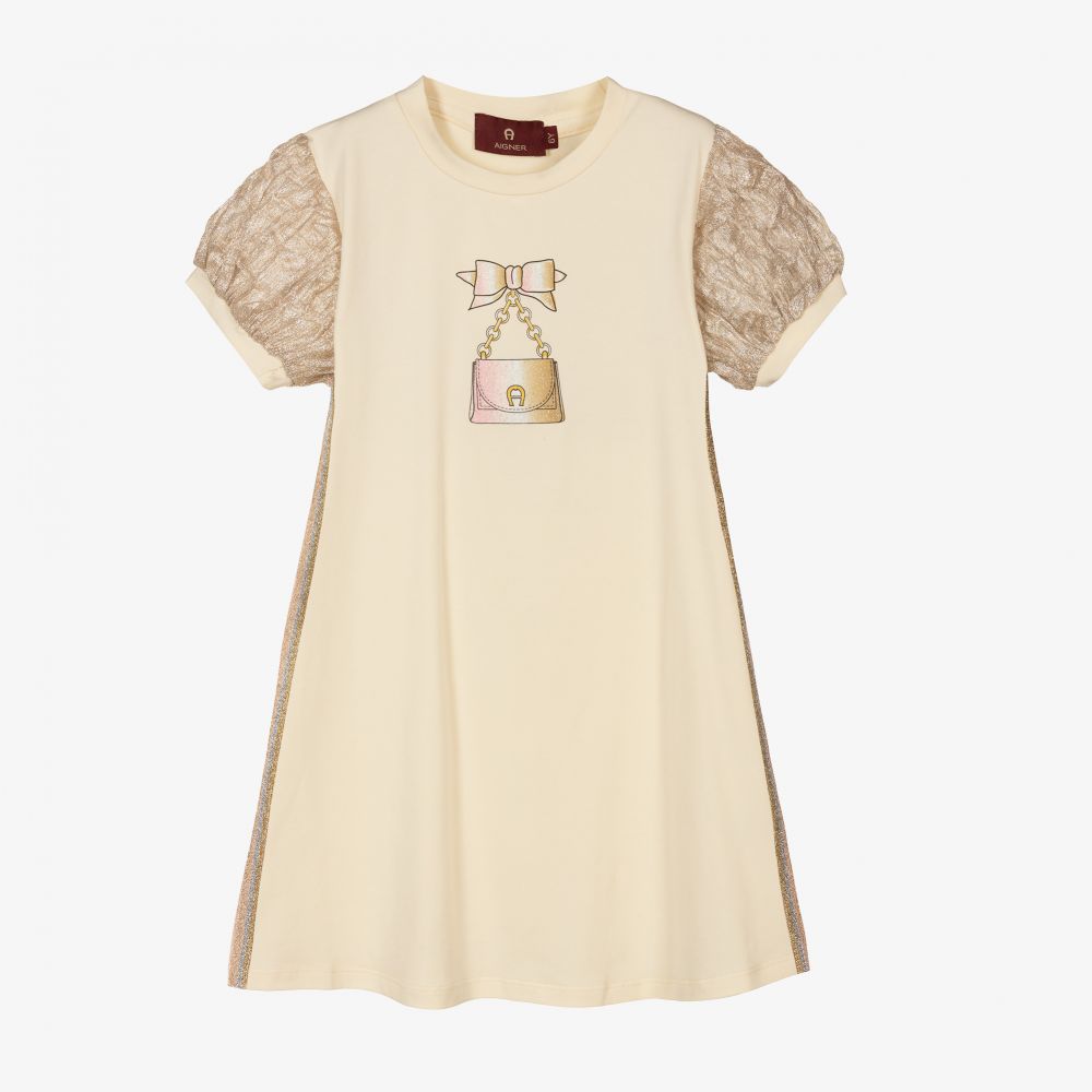 AIGNER - Girls Beige Cotton Logo Dress | Childrensalon