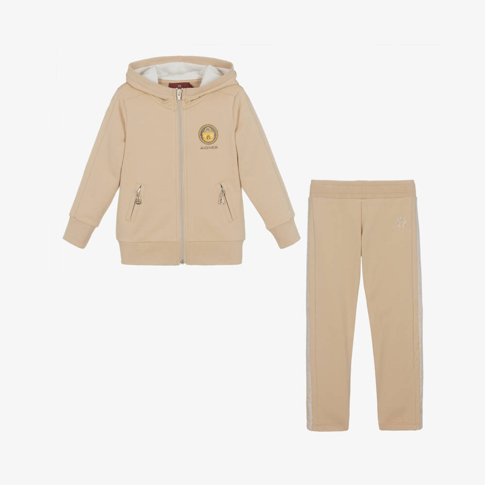 AIGNER-Girls Beige Cotton Tracksuit | Childrensalon Outlet