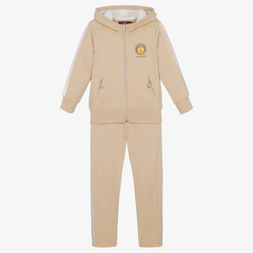 AIGNER-Girls Beige Cotton Tracksuit | Childrensalon Outlet