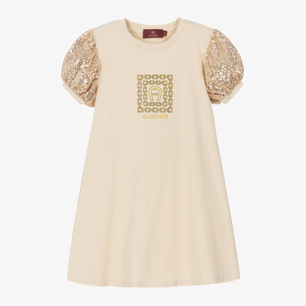 AIGNER-Girls Beige & Gold Sequin Dress | Childrensalon Outlet