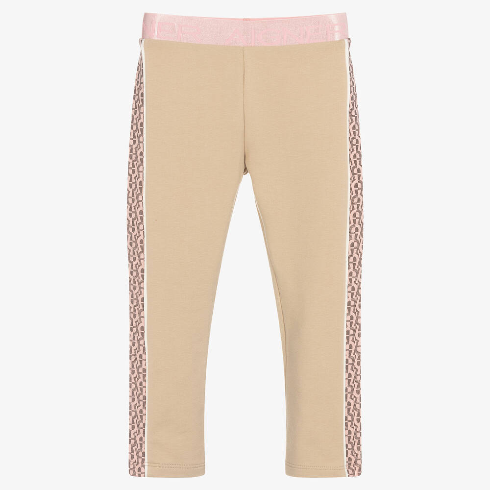 AIGNER - Girls Beige & Pink Logo Cotton Leggings | Childrensalon