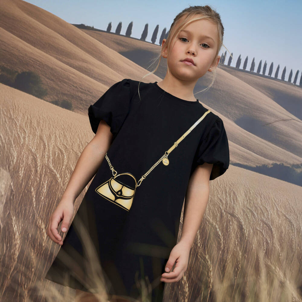 AIGNER-Girls Black Cotton Jersey Handbag Print Dress | Childrensalon Outlet