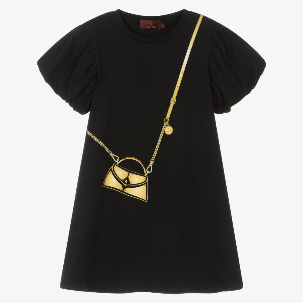 AIGNER-Girls Black Cotton Jersey Handbag Print Dress | Childrensalon Outlet