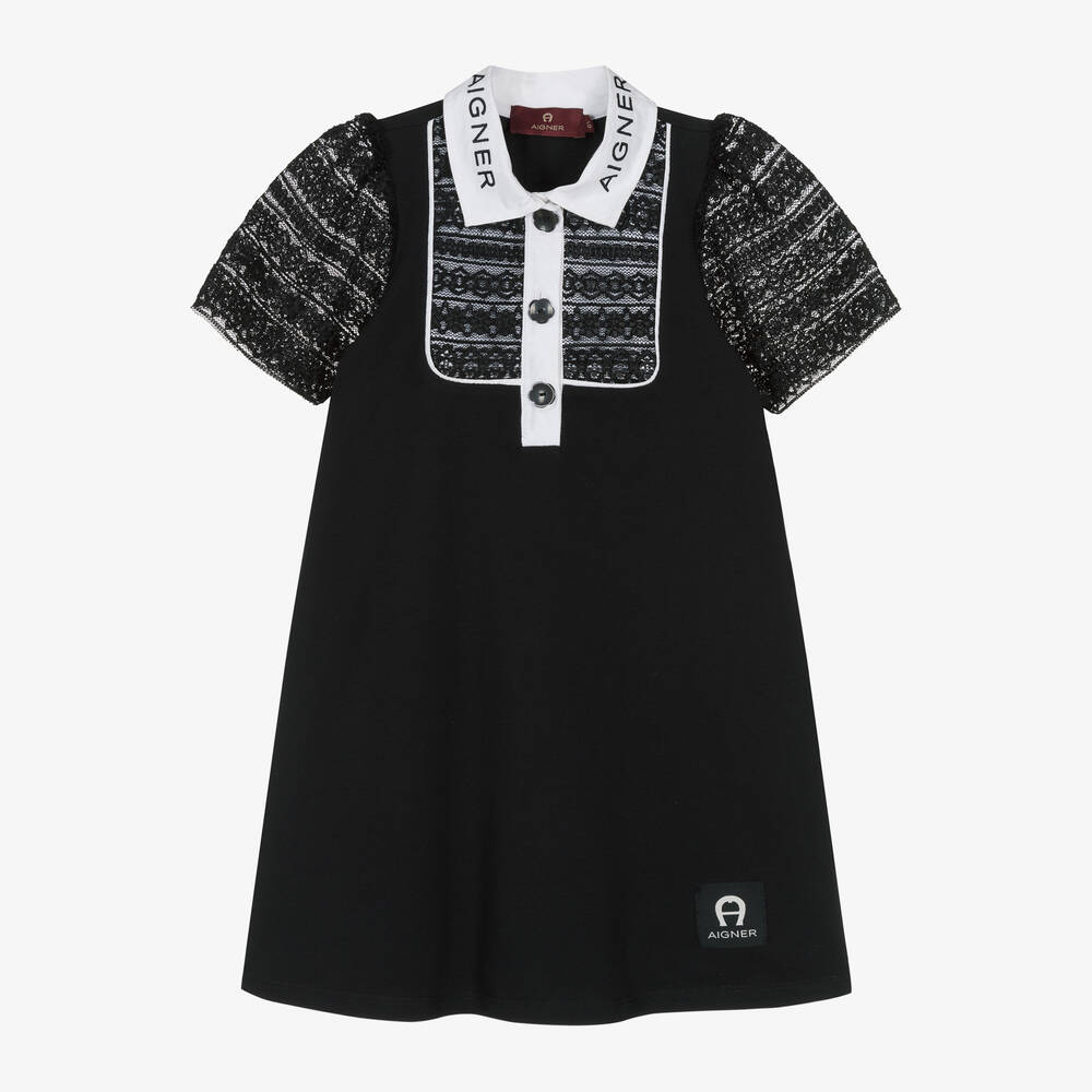 AIGNER-Girls Black Cotton & Lace Dress | Childrensalon Outlet
