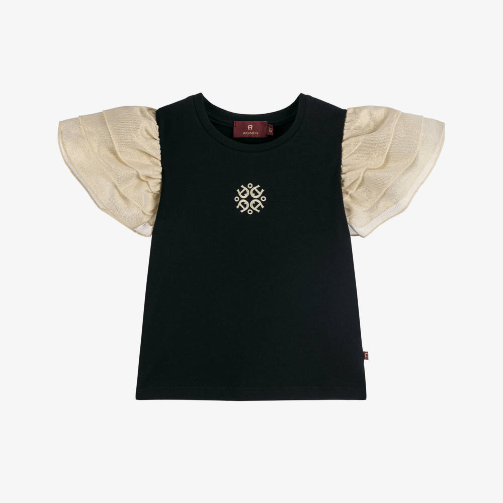 AIGNER-Girls Black Cotton Shimmer Sleeve T-Shirt | Childrensalon Outlet