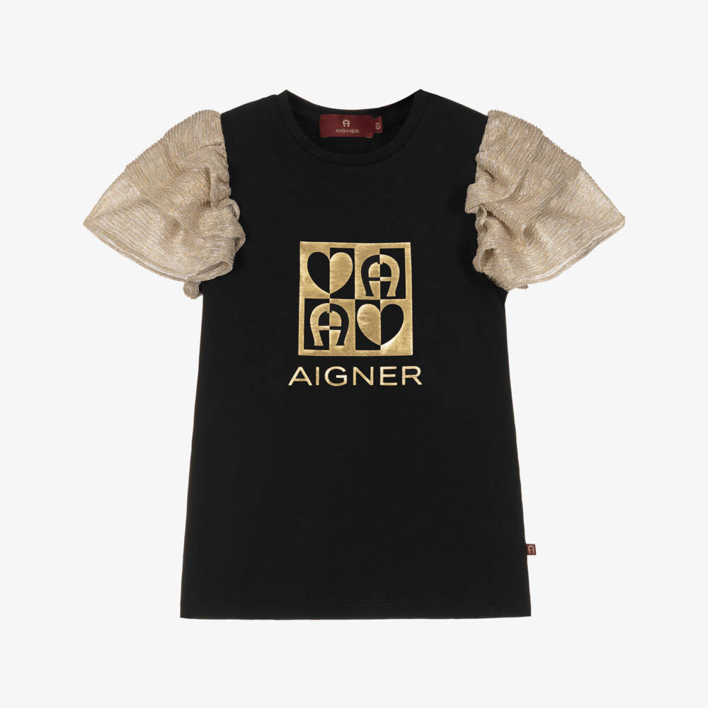 AIGNER-Girls Black & Gold Cotton Top | Childrensalon Outlet