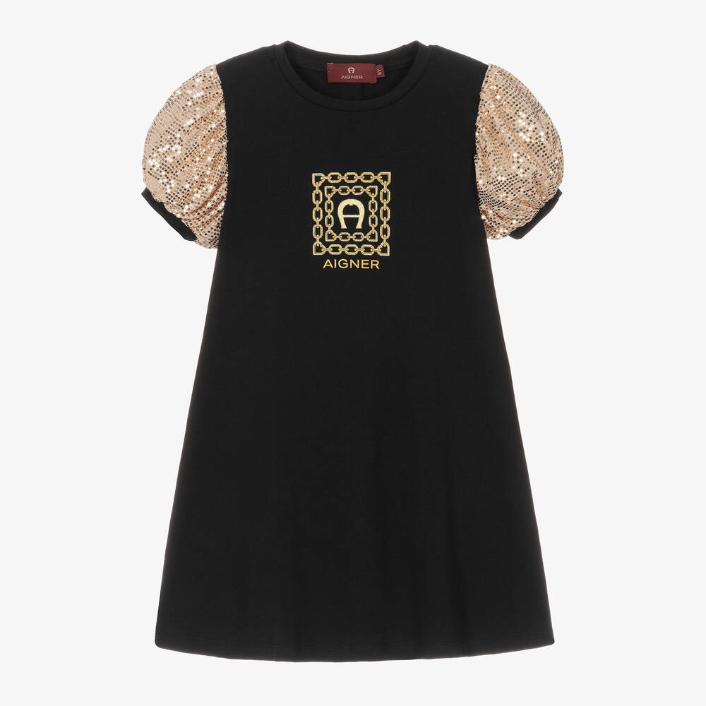 AIGNER-فستان قطن جيرسي لون أسود وذهبي مزين بترتر | Childrensalon Outlet