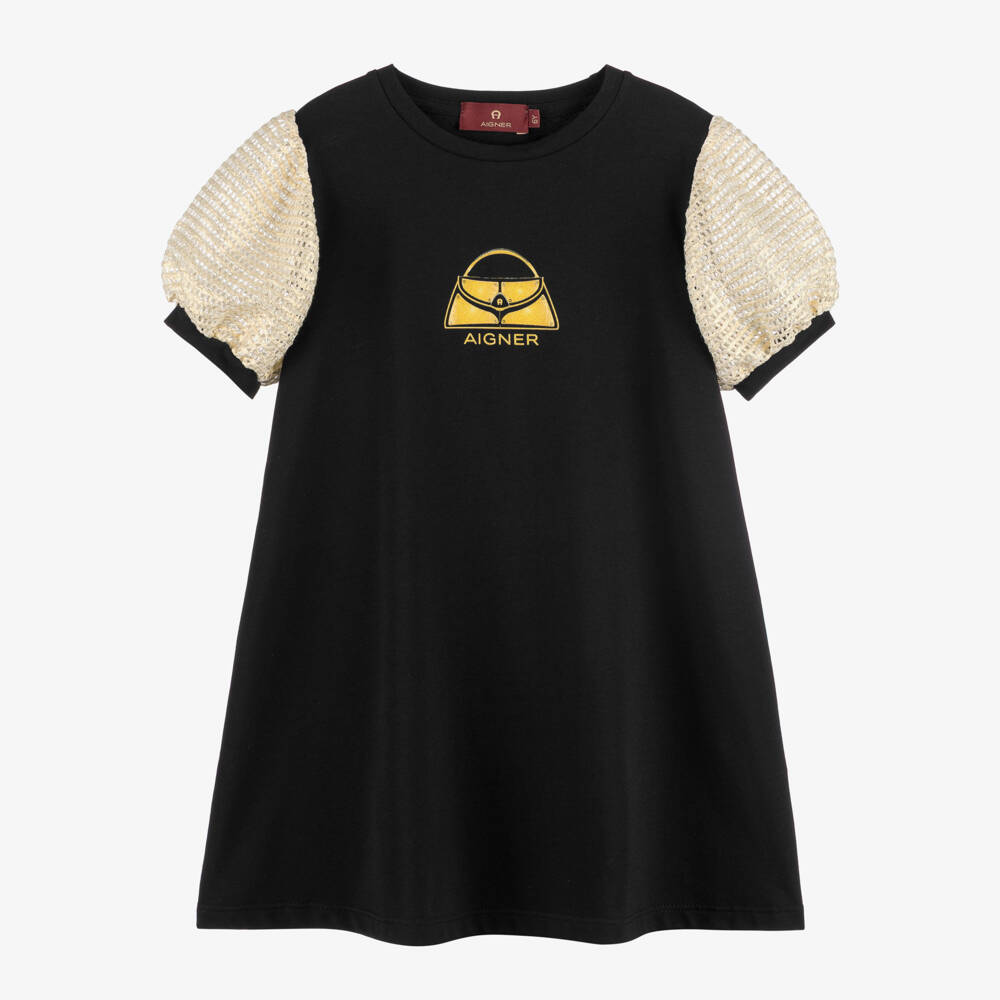 AIGNER-Girls Black Jersey Puff Sleeve Dress | Childrensalon Outlet