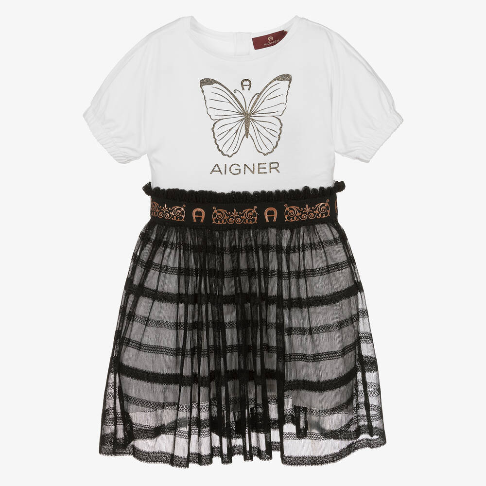 AIGNER - فستان قطن جيرسي شبك لون أسود وأبيض | Childrensalon