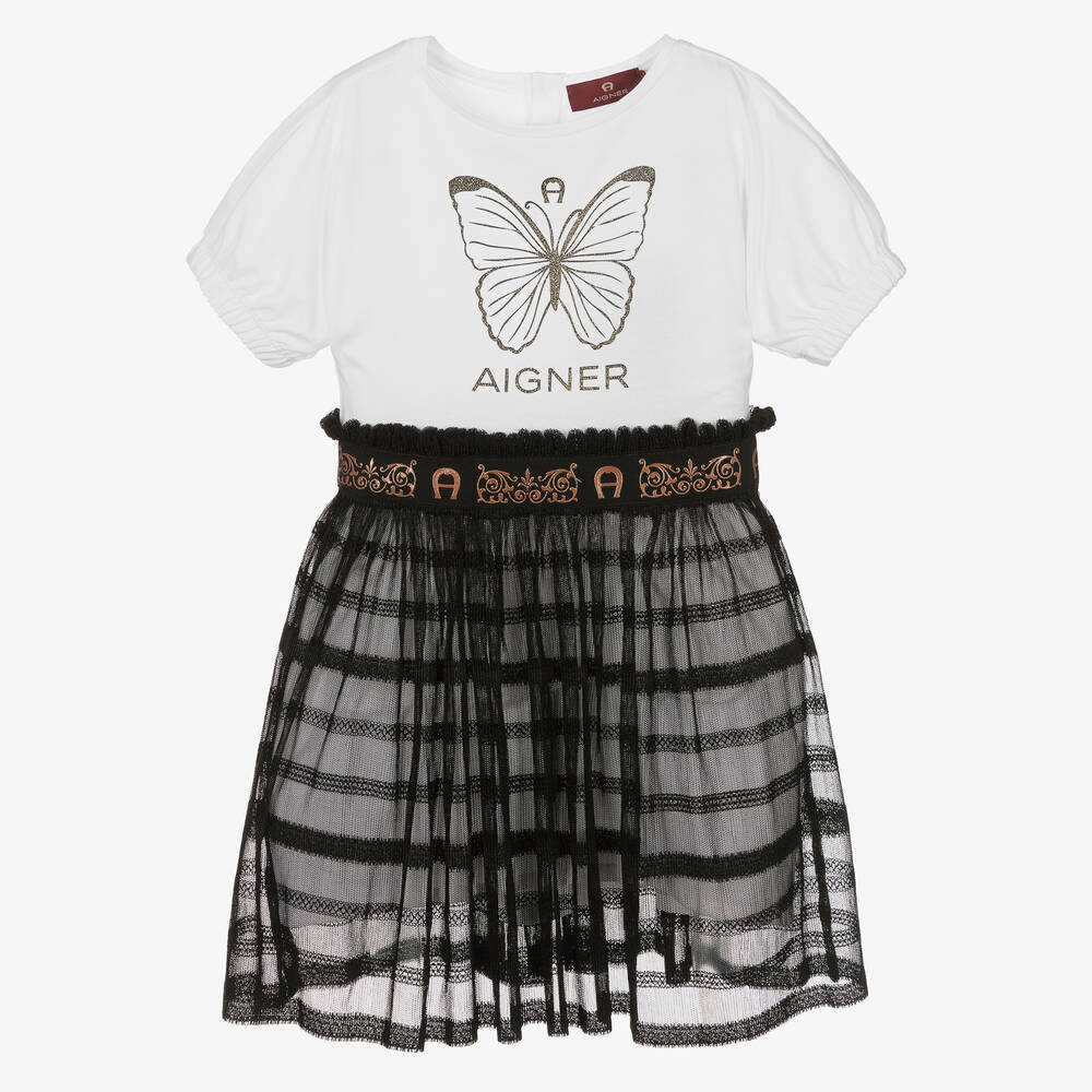 AIGNER-فستان قطن جيرسي شبك لون أسود وأبيض | Childrensalon Outlet