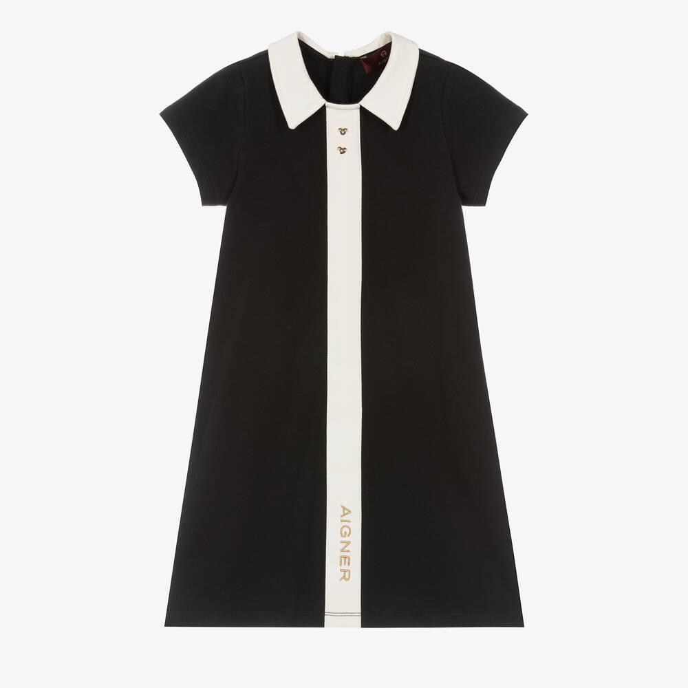 AIGNER - Girls Black & White Cotton Dress | Childrensalon