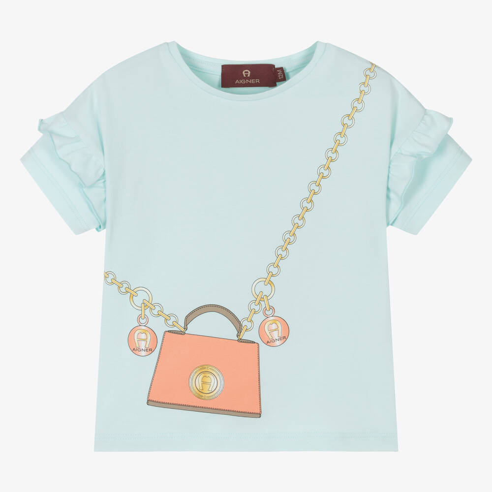 AIGNER-Girls Blue Cotton Bag Print T-Shirt | Childrensalon Outlet