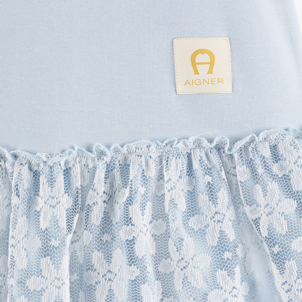 AIGNER-Girls Blue Cotton Jersey & Lace Dress | Childrensalon Outlet