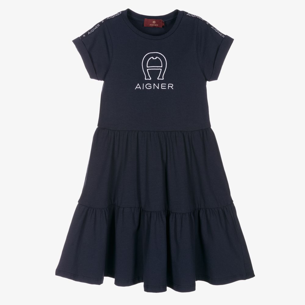 AIGNER - Girls Blue Cotton Logo Dress | Childrensalon