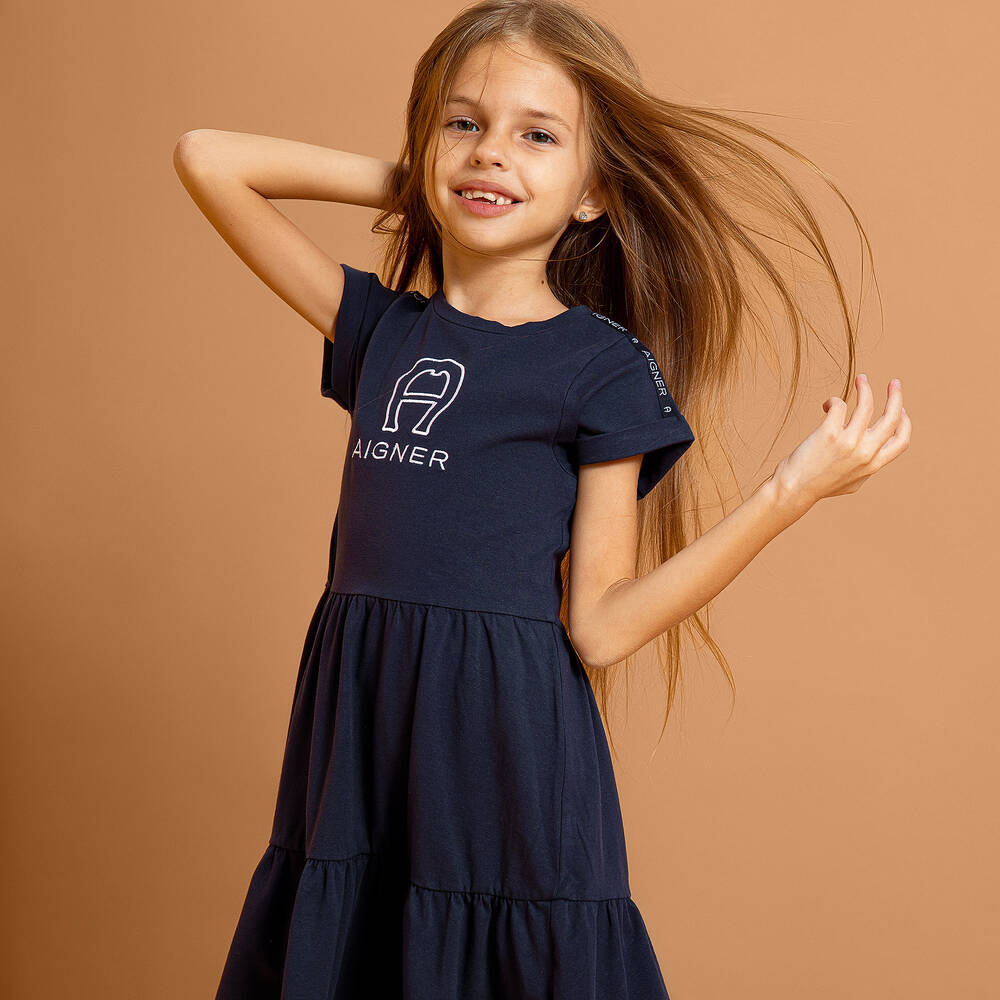 AIGNER-Girls Blue Cotton Logo Dress | Childrensalon Outlet