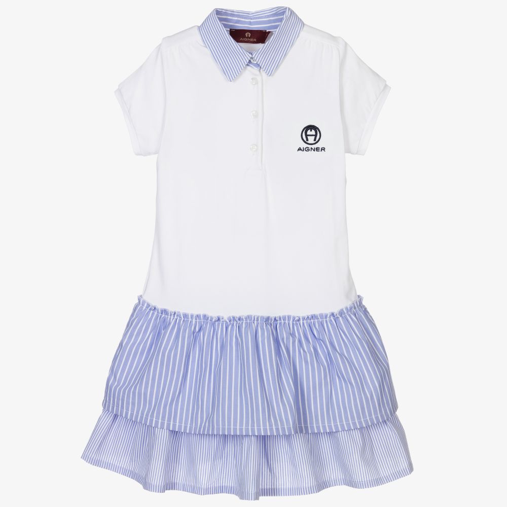 AIGNER-فستان بولو قطن جيرسي لون أبيض وأزرق | Childrensalon Outlet