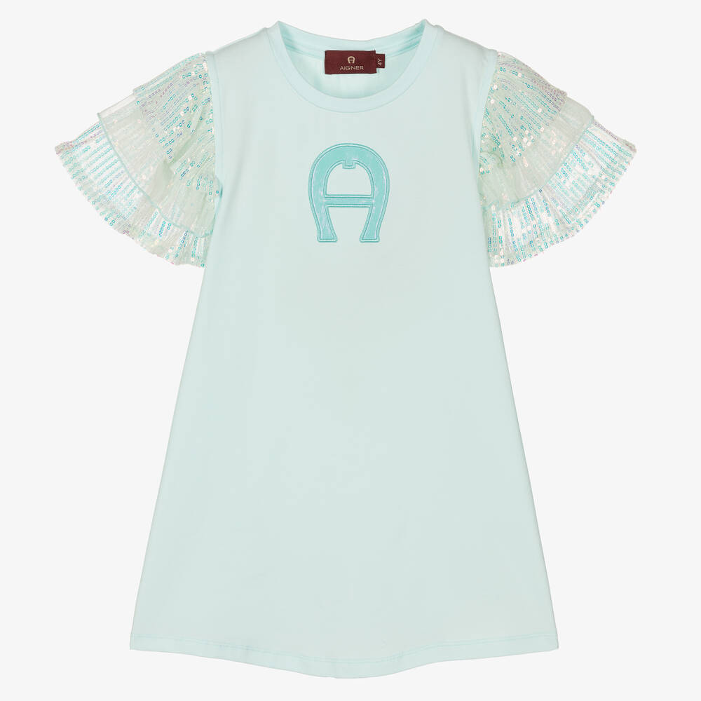 AIGNER - فستان قطن جيرسي وتول لون أزرق تركواز | Childrensalon