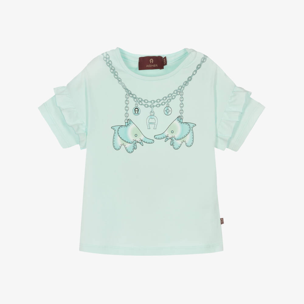 AIGNER-Girls Blue Elephant Print Logo T-Shirt | Childrensalon Outlet