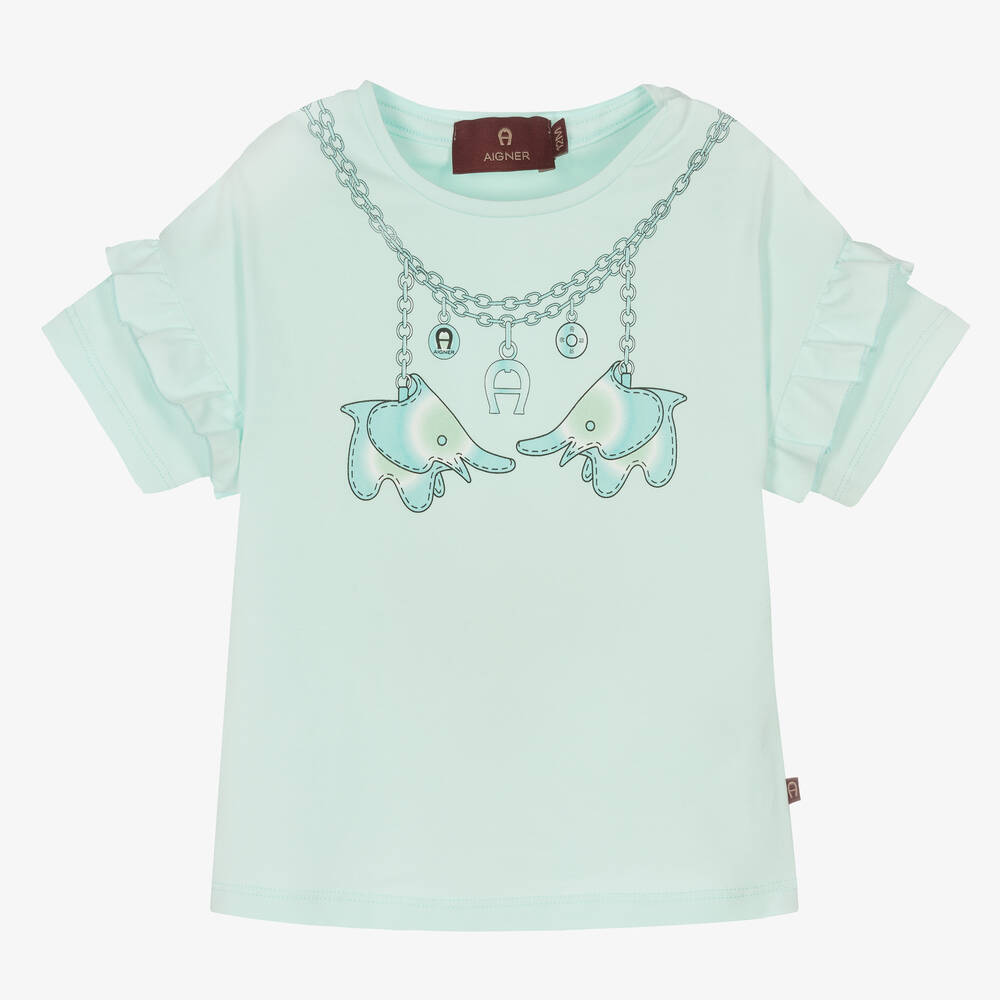 AIGNER - Girls Blue Elephant Print Logo T-Shirt | Childrensalon