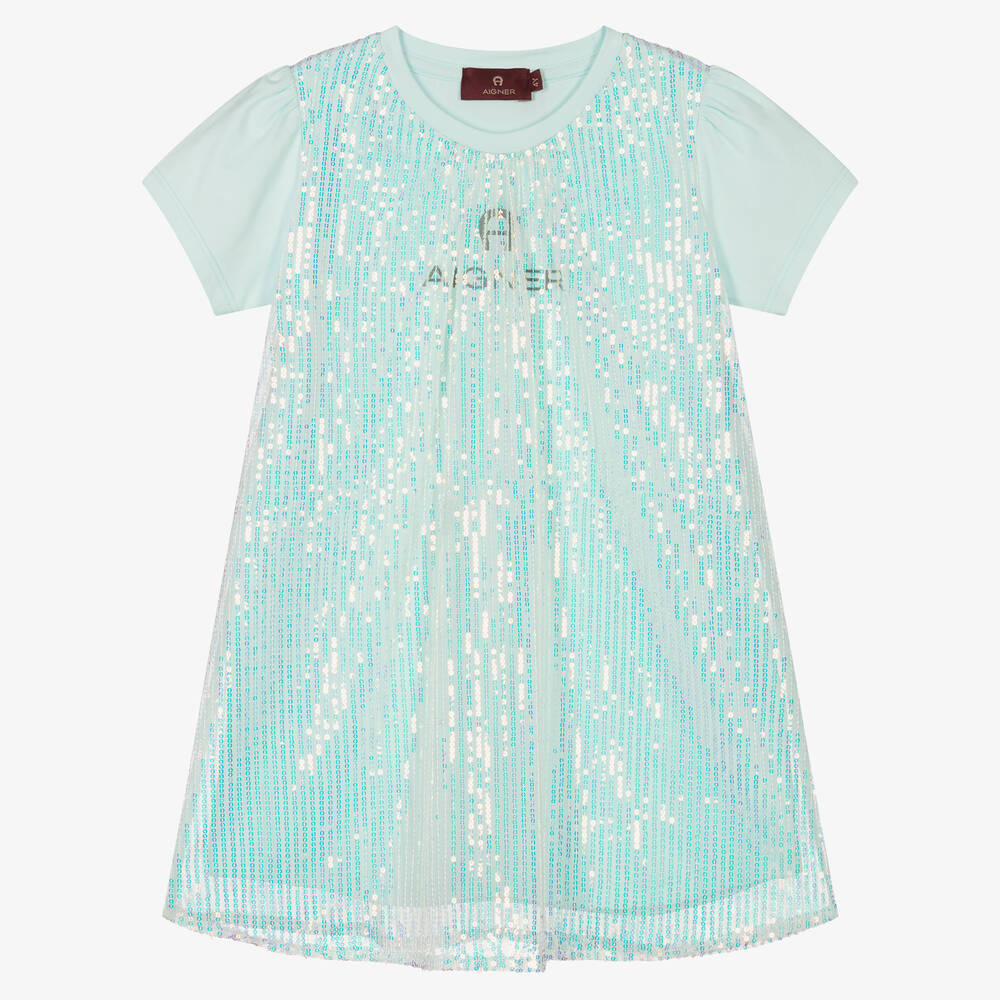 AIGNER - Girls Blue Sequin Logo Dress | Childrensalon