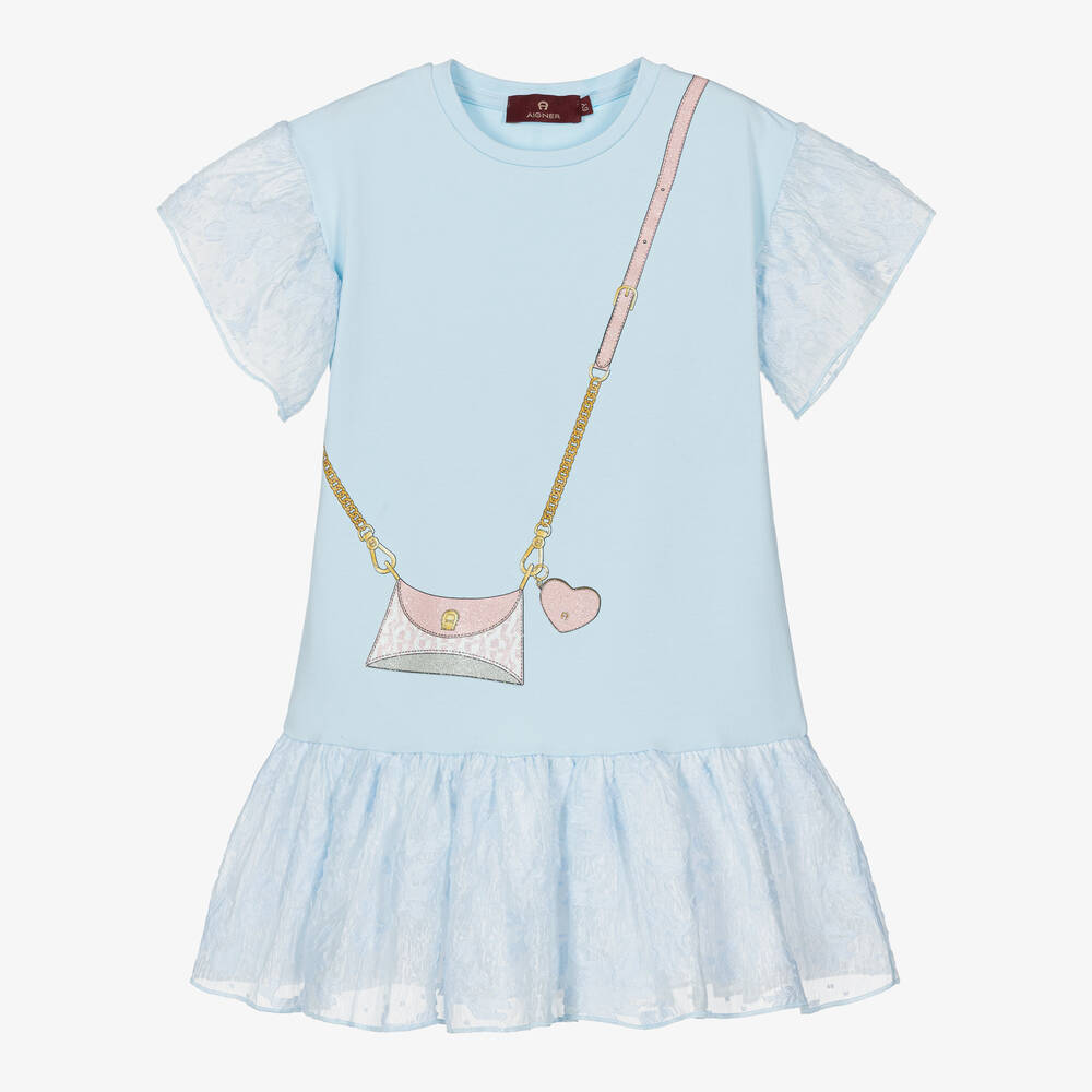 AIGNER-Girls Blue Sparkly Handbag Cotton Dress | Childrensalon Outlet