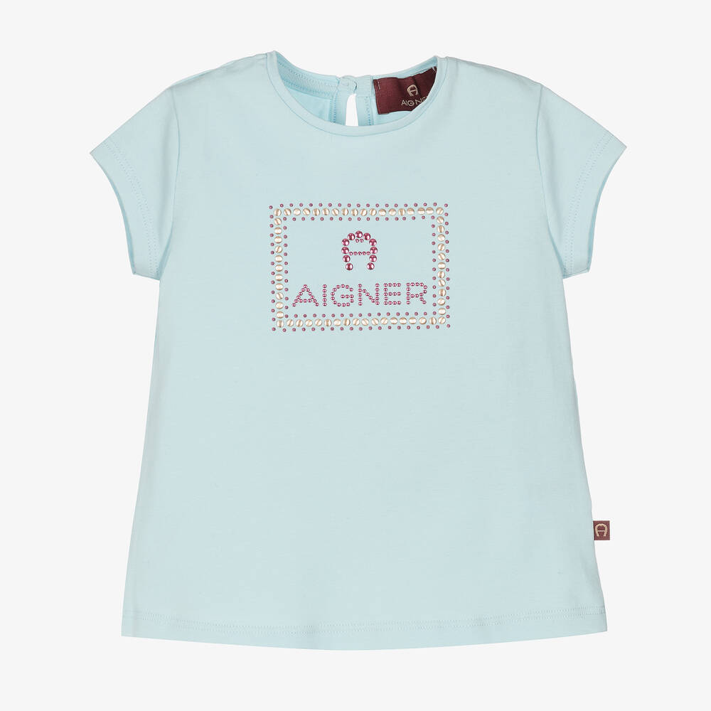 AIGNER - Girls Blue Studded Logo Cotton T-Shirt | Childrensalon